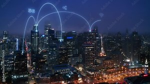 Aerial city 5G connection. Wireless network, mobile technology, information communication, data cloud computing, artificial intelligence, internet wifi. Night scene futuristic business city skyline 4K