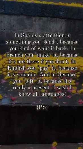 In Spanish, attention is something you "lend", because you kind of want it back. In French you "make" it, because it's not there if you don't. In English you "pay" it, because it's valuable. And in German you "gift" it, because it's really a present. I wish I knew all languages! {PS} #englishliteratureacommunity #ps | English Literature: A Community