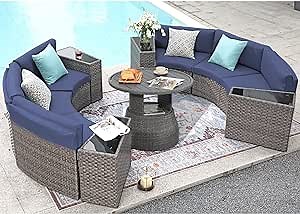 SUNSITT Outdoor Patio Furniture 11-Piece Half-Moon Sectional Round Patio Furniture Set Curved Outdoor Sofa with Aluminum Lift Top Round Coffee Table, Grey Rattan, Denim Blue Cushions