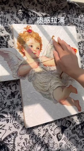 Acrylic painting by artist @yunyiyouhua — a beautifully detailed depiction of a cherubic angel with soft wings and delicate features, blending classical charm with a contemporary pastel palette. The textured canvas and gentle light create a dreamy, ethereal atmosphere. #acrylicpainting #angelart #classicalart #contemporarypainting #artprocess | Acrylic Masters