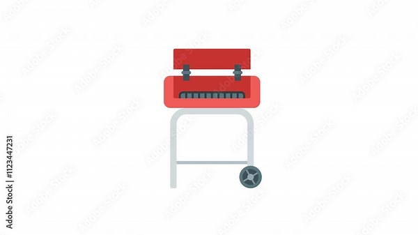 Animated red portable grill with one wheel and metal legs, perfect for outdoor cooking, backyard BBQs, camping trips, and tailgate parties.