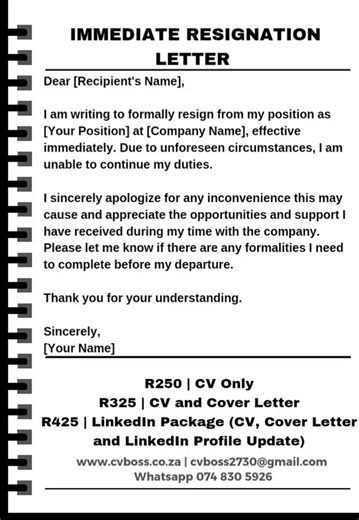 Immediate Resignation Letter | www.cvboss.co.za #cvboss #cvwriter #resignation