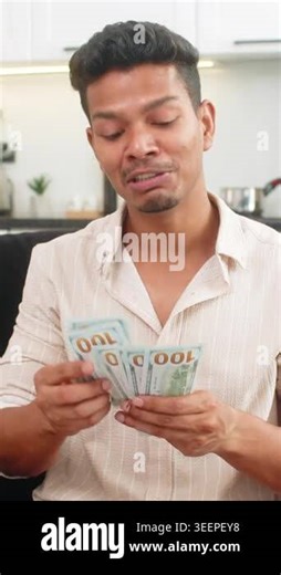 Indian man at home counts dollar cash smiles makes money gesture proud of salary and savings. Arabian guy on sofa plans dream purchase invests bonus adds notes to wallet sets budget clear aim secure Stock Video Footage - Alamy