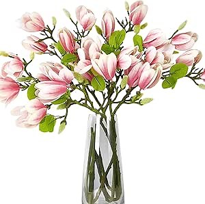 6 PCS 27inch Artificial Magnolia Flowers 3D Real Touch 24 Heads Faux Magnolia Flower buds Realistic Long Stem with lush Green Leaves for Home Wedding Table Office Floral Arrangement Decoration (Pink)
