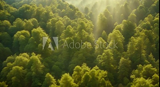 Aerial view diversity of a forest ecosystem sweeping over the canopy with natural sunlight filtering through the leaves creating dynamic lighting effects