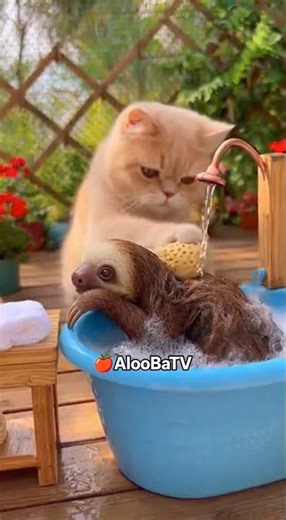 You Won’t Believe How Gentle This Cat Is! 😻🛁 #FunnyAnimals #shorts #shortsfeed #shortsviral #ai