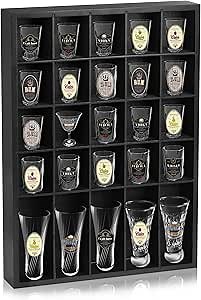 Shot Glass Display Case for Wall, Wood Holds Set of 30 Glasses Shot Glass Holder Display Shelf, 17'' x 12''-3'' x 2''Removable partition (Black, 1PCS)