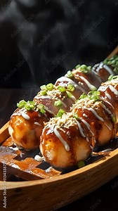 Freshly cooked takoyaki arranged on wooden boat-style tray, topped with bonito flakes, garnished with chopped green onions. Steam rising from hot takoyaki. Concept Japanese food. Vertical video