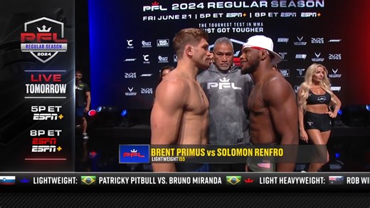 Brent Primus and Solomon Renfro square off in a Lightweight Regular Season battle. Primus, the former Bellator Lightweight Champion, needs a win of any kind to earn a spot in the #PFLPlayoffs. [#PFLRegularSeason | Fri, June 21st | 5pm ET on ESPN | 8pm ET on ESPN ] | PFL MMA