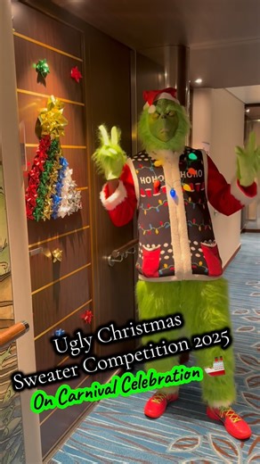 Ugly sweater competition? We understood the assignment  The Grinch met a Christmas Tree and Christmas Cruise 2025 was never the same ✨ Can you guess who won?     @carnival #ChristmasCruise #UglySweaterContest #GrinchVibes #fyp #CarnivalCelebration | Shella Pratt | Facebook
