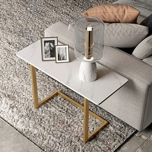 650mm C-Shaped Rectangle Sintered Stone Gold Finish Side Table｜Homary