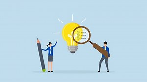 Business viability checking, 4k animation of entrepreneur using magnifying glass examines lightbulb concept.