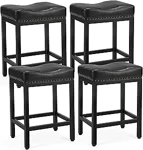 Sweetcrispy Bar Stools Set of 4，Counter Height Bar Stools，24 inch Bar Stools，Modern Kitchen Barstools with Metal Base, PU Leather Saddle Stools for Kitchen Island, Black