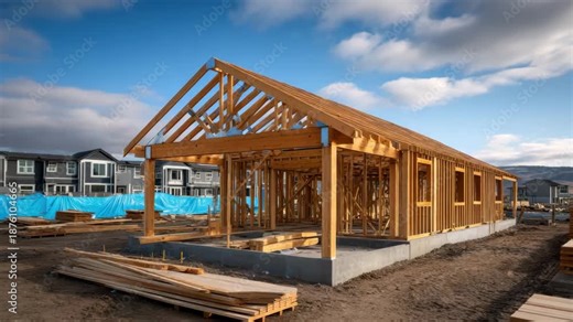 New wooden house framing construction concrete foundation with exposed timber roof truss and lumber piles residential worksite showing structural framing, construction progress and hopeful morning
