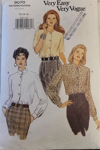 Vintage Blouse Sewing Pattern – Vogue 9070 Button Front Top, 1990s, Size 12-16 PRE-CUT COMPLETE - Etsy