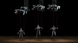 Robotic cyborg hands manipulate human puppets on dark background. Puppet businessmen led by huge robot hands. Artificial Intelligence controls people lives. AI puppet show. Manipulation. Technology.