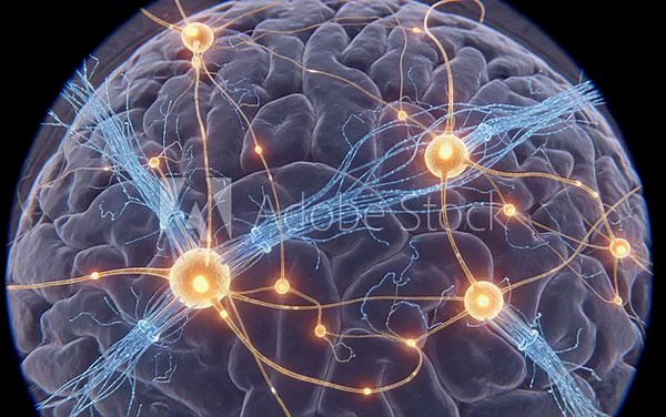 Neural prosthetics show glowing filaments integrating with brain tissue and enhancing neural connections