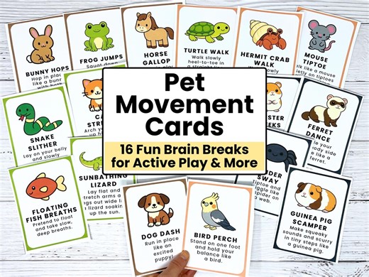 Pet Movement Cards for Kids Printable | Brain Break, Gross Motor Activity, Indoor Recess, Homeschool PE - Etsy
