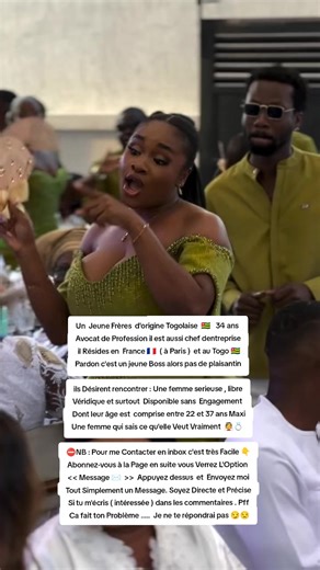 Un Jeune Frères d'origine Togolaise 🇹🇬 34 ans Avocat de Profession il est aussi chef dentreprise il Résides en France 🇫🇷 ( à Paris ) et au Togo 🇹🇬 Pardon c'est un jeune Boss alors pas de plaisantin ils Désirent rencontrer : Une femme serieuse , libre Véridique et surtout Disponible sans Engagement Dont leur âge est comprise entre 22 et 37 ans Maxi Une femme qui sais ce qu'elle Veut Vraiment 👰💍 ⛔️NB : Pour me Contacter en inbox c'est très Facile 👇 Abonnez-vous à la Page en suite vous Ver
