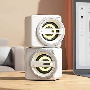 Two Mini Computer Speaker Sets, Desktop Subwoofer HiFi Sound Quality Audio, USB Powered and Extended Cable, Colorful Lighted,Small Wired Speakers for Laptop Pc Phone Music Player (White)