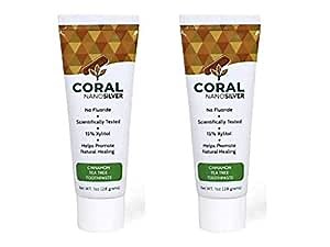 Coral Nano Silver Cinnamon Tea Tree Travel Size Xylitol Toothpaste Fluoride and SLS Free Naturally Whitens Teeth 1 Ounce (2 Pack)