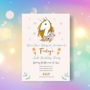 Unicorn Birthday Party Invitation - Personalized for You, Gold Unicorn Invitations, Unicorn Invites, Unicorn Party, Kid's Party Invitations - Etsy