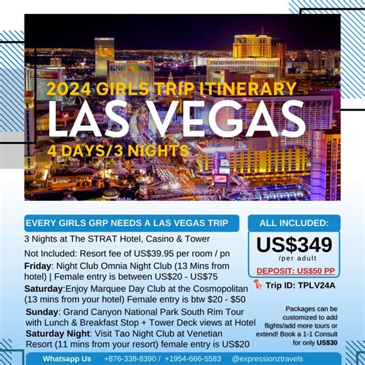 Every Girls Group needs a Las Vegas Trip! Follow this guide for pure fun! Plan your vacation with us for a detailed itinerary with locations, directions and flights added! Flights cane be booked from any airport! 2024 is the year and we travelling! #lasvegas #girlstrip #wetravelling #wegoingplaces | Expressionz Travels