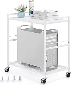 YBING Computer Tower Stand White PC Tower Stand 2 Tier CPU Holder with Wheels Metal Mobile Computer Tower Cart Rolling PC Cart Floor for Fax Home Office