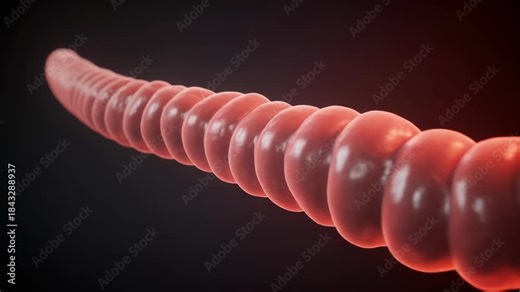 Animated segment of a flexible red worm-like structure pulsating on a dark background, representing biological movement
