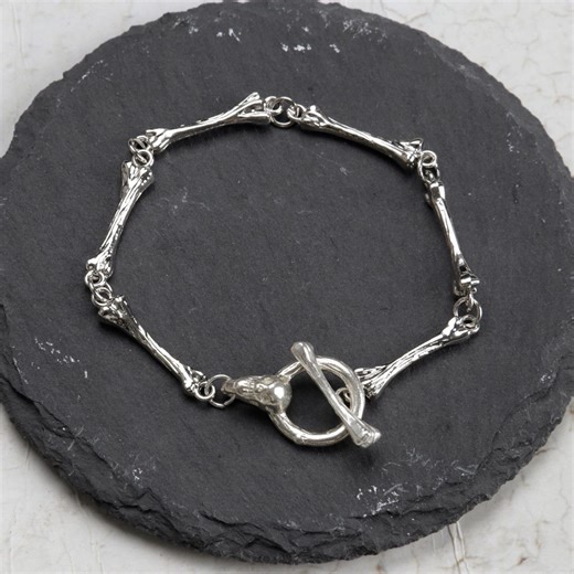 Sterling Silver Bones Punk Gothic Chain Bracelet, Skull Toggle Clasp