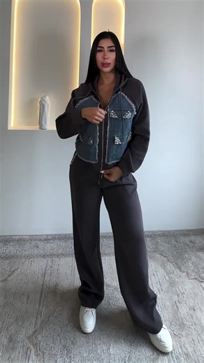 YB889276-YB889277👉Women Hooded Patchwork Denim Rhinestone Jacket Pants Casual Set