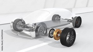 Electric Vehicle equipped with In-Wheel Motors and solid battery pack moving on the road. Generic design. 3D rendering animation.