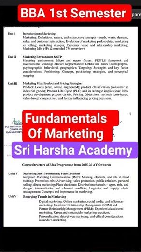 Fundamentals Of Marketing For BBA 1st Sem Syllabus #sriharshaacademy @sriharshaacademy