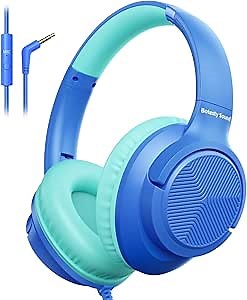 Botesty Sound Wired Headphones with Microphone, Over Ear 3.5mm Plug in Headphones with 4.9ft Tangle-Free Nylon Cord for Tablet, Laptop, MP3/4, School, Airplane Travel (Blue)
