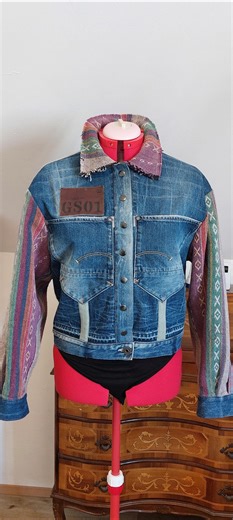 Custom G-star Denim Jacket Handwoven Boho Sleeves, Reworked Patchwork Jean Coat, One of a Kind Circular Fashion, Vintage 2000s Style Size L - Etsy