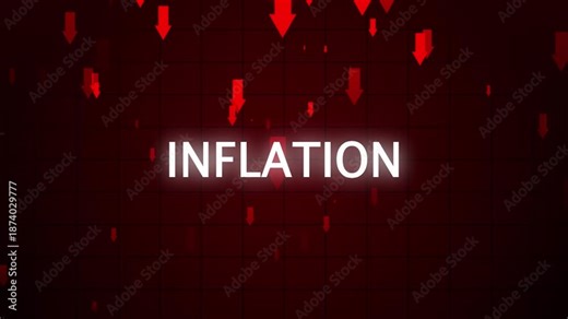 Increasing inflation concept 4k animation represented with inflation text at centre and red arrows showing downward trend
