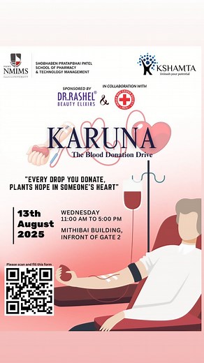 Kshamta: SRF of SPPSPTM, NMIMS on Instagram: "Karuna 2025 is calling… and so is Dr. Meena Chintamaneni, Pro-Vice Chancellor at SVKM’s NMIMS ! 📢❤️ 📅 13th August 2025 ⏰ 9 AM – 5:30 PM Maximum participation, maximum impact let’s make history one drop at a time! 🩸✨ Now it’s your turn to show up and roll up those sleeves💉 . . . . . .[ reel, committee, Kshamta, karuna, social responsibility forum, reels,mumbai,college,college committee, sppsptm,NMIMS,fyp,]"