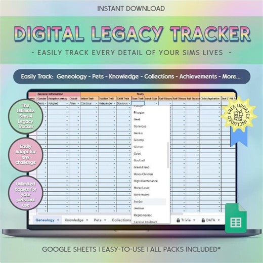 The Sims 4 Google Sheets Tracker, Legacy Challenge, Template, Spreadsheet, Digital Planner, Journal ADVENTURE AWAITS - Etsy