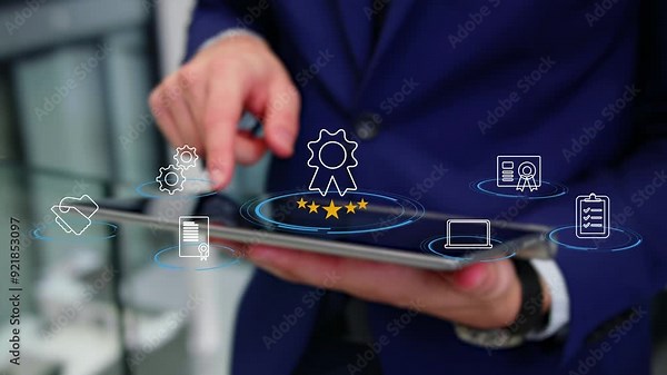 Certification and standardization process, iso certified business, conformity to international standards and quality assurance concept. Businessman using tablet