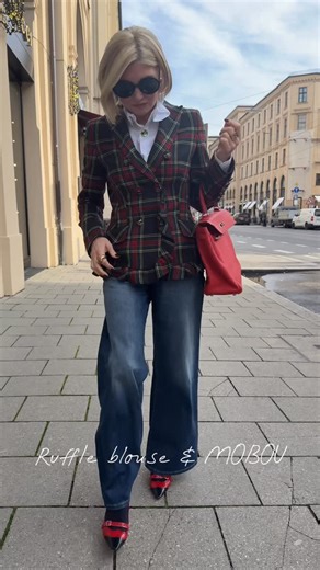 Petra Dieners on Instagram: "Romantic blouse with a MOBOU, checked blazer and red accessories…Do you love to wear checks? . Ad Blouse @ralphlauren Jewelry button @moboucollection Jacket @maisoncommon Denim @nililotan Shoes @dior"