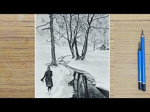 How To Draw Winter Snow Covered Landscape Scenery With Small River