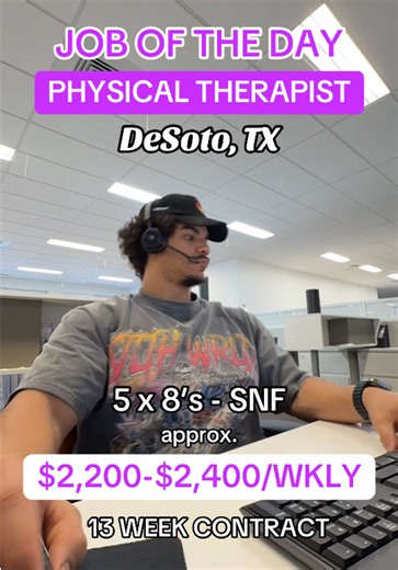 JOB OF THE DAY 🚨 Physical Therapist 📍 DeSoto, TX 5x8’s – SNF Setting (approx.) 13 Week Contract $2,200–$2,400 Weekly Gross Includes an estimated wage of $15–$18/hr plus non-taxable travel stipends (if eligible). - 4.9 out of 5 Google Reviews - Great crew to work with – strong team culture Skilled Nursing Facility setting \t• Adult-focused caseload \t• Short-term rehab & LTC mix \t• Collaborative therapy team \t• Fast-paced but supportive environment Benefits Include: • Referral Bonuses • 401(k