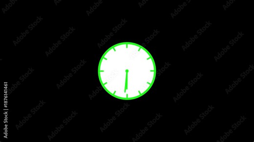 Simple analog clock with green hands and markers time. Clock icon flat style 24 hours day fast speed with moving timer clock rotation