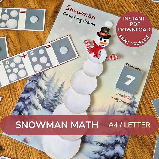 Snowman Math Counting Game Printable | Winter Preschool Math Activity | Counting & Addition Subtraction to 10 | 18 Pages PDF - Etsy