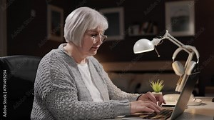 Senior woman working at computer. Mature woman with gray hair is confident user typing text on laptop keyboard. Elderly retired woman works remotely online