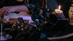 Oracle witch reading magic spell book, preparing potions for ritual, alchemy