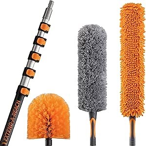 30 Foot High Reach Duster Kit with 5-24 ft Extension Pole // High Ceiling Duster Cleaning Kit with Telescopic Pole // Cobweb Duster // Feather Duster and Ceiling Fan Duster // The Ultimate Dusting Kit