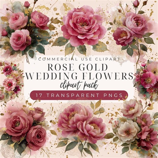 Watercolor Pink Rose Gold Floral Clipart – Wedding Flower PNG Set (digital Download) - Etsy