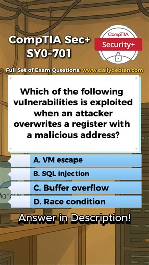 DailyDebian on Instagram: "Correct Answer: C. Buffer overflow. Overwriting a register with a malicious address is a classic outcome of a buffer overflow, where excess input overwrites adjacent memory such as stack frames, saved registers, or return addresses, allowing control flow to be redirected to attacker controlled code. Why The Other Options Are Incorrect A. VM escape. VM escape involves breaking out of a virtual machine to affect the host, not overwriting CPU registers via memory corrupti