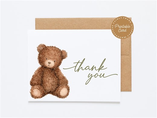 Printable Teddy Bear Thank You Card | Neutral Baby Shower Thank You | Instant Download Folded Card PDF - Etsy Canada